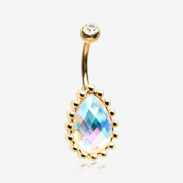 Golden Luscious Aurora Multi-Faceted Sparkle Teardrop Belly Button Ring-Aurora Borealis/Clear Gem
